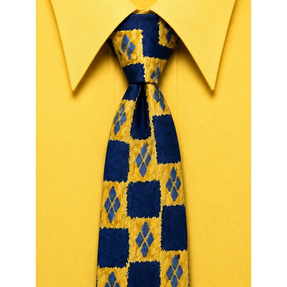 Van Heusen Mens Geometric Checkerboard Silk Blend Necktie Navy Blue Yellow